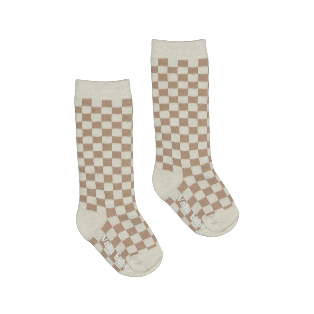 High Checked Baby Socks Beige