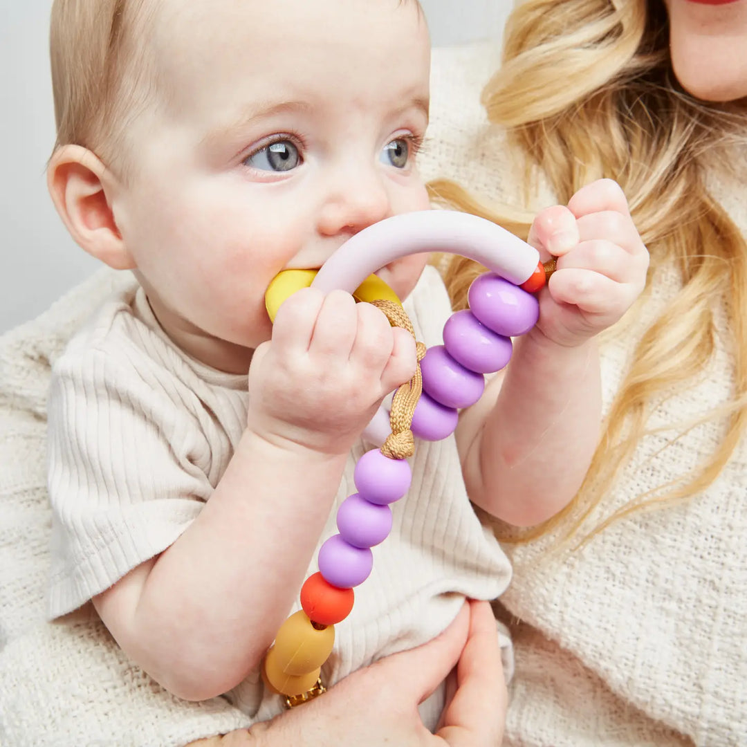 January Moon Plum Arch Teether + Pacifier Clip Set